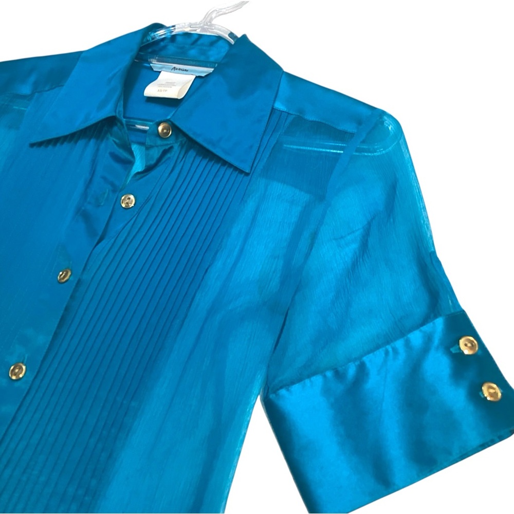 Marciano 100% Silk Sheer Panel Ocean Blue Short Sleeve Blouse, Size XS Y2K 90s - Picture 4 of 11